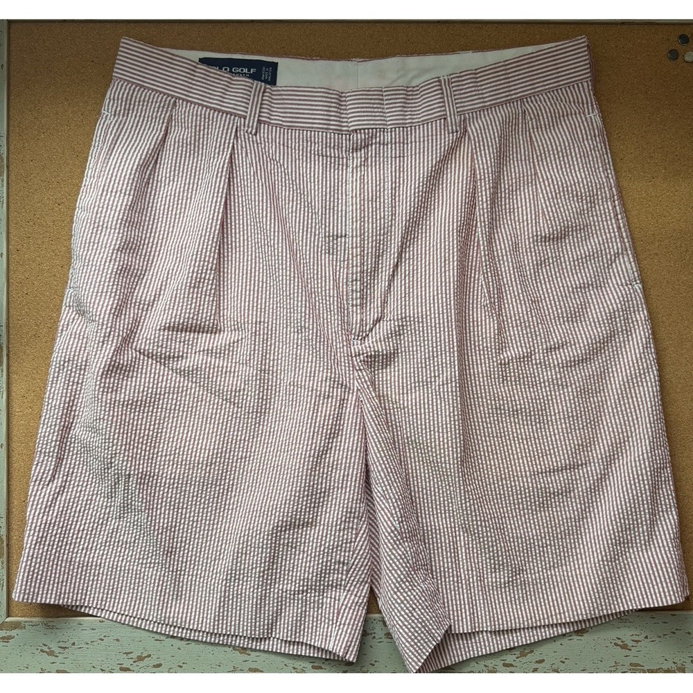 Vintage Polo Golf Ralph Lauren Seersucker Shorts Red White Stripe Men's 34 Pleat